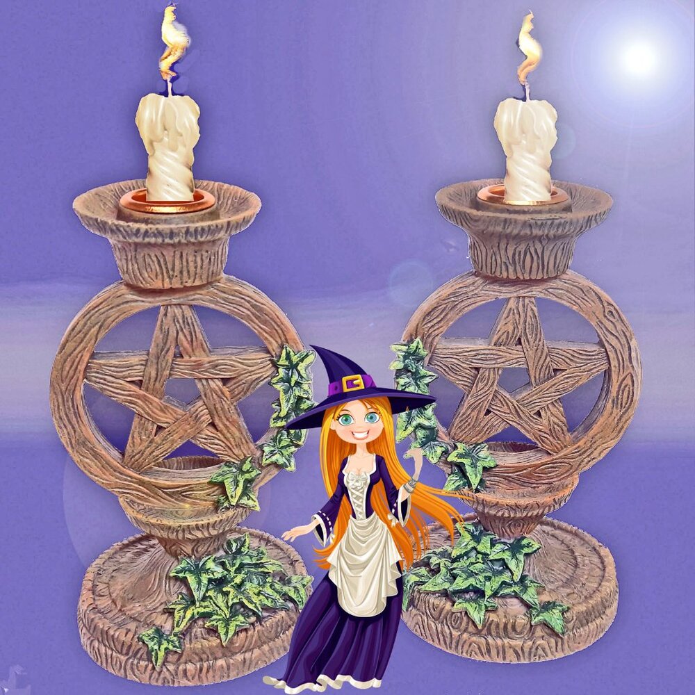 PENTAGRAM-PENTACLE 𝓦𝓲𝓬𝓬𝓪 Ivy 𝑾𝒐𝒐𝒅 Look Altar Candle Holders Set of 2